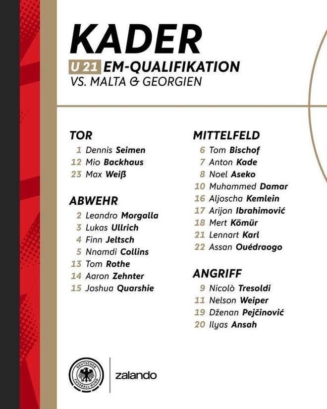 德国U21大名单：17岁卡尔入选，比朔夫、阿尔扬-伊布在列